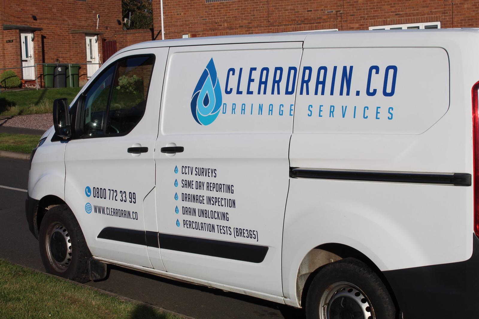 The Clear Drain van, signwritten with CCTV surveys, same day reporting, drainage inspection and drain unblocking